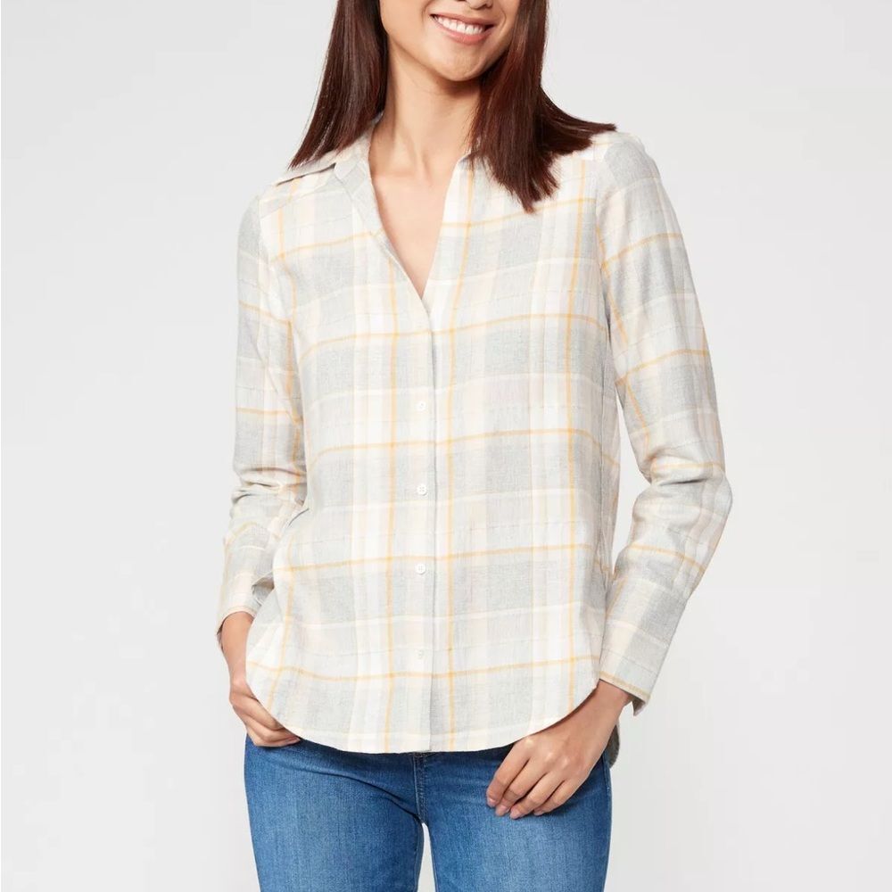 PAIGE Cream and Gray Plaid Button-Down country cotton blend Shirt